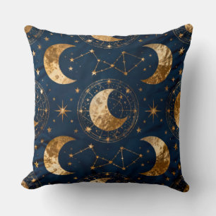 Coussin Croissant de Lune Doré Fond Nuit Céleste Bleu Mari