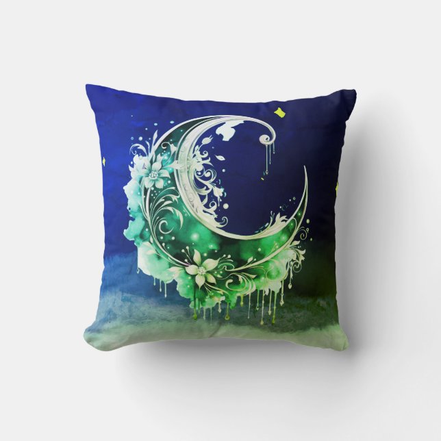Coussin Croissant de lune étoilé Halloween vert et or (Recto)