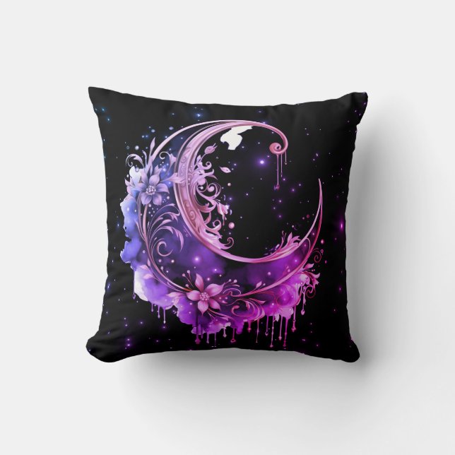 Coussin Croissant de lune noir et violet étoilé Halloween (Recto)