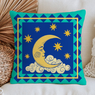 Coussin Croissant de Lune Rétro Visage Mystique Bleu Céles