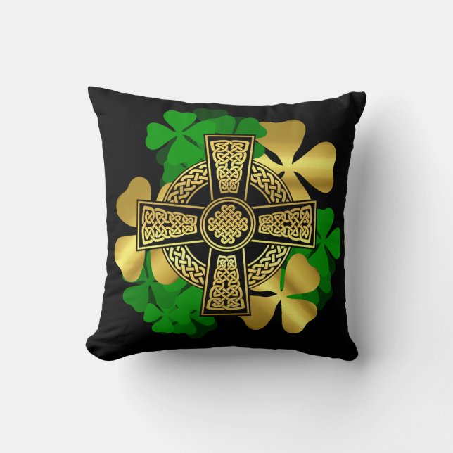 Coussin Croix celtique irlandaise/or/trèfle vert shamrock (Recto)