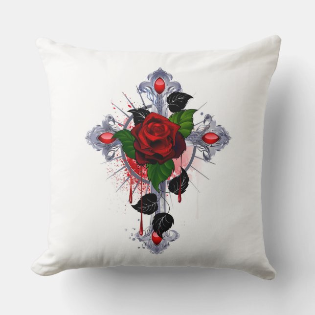 Coussin Croix d'argent avec une rose rouge (Recto)