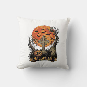 Coussin Croix de Halloween Pierre Tombale Crâne Citrouille