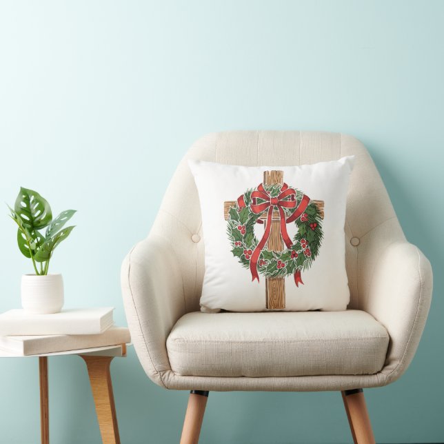 Coussin Croix de Noël en bois chrétienne avec couronne de  (Chaise)
