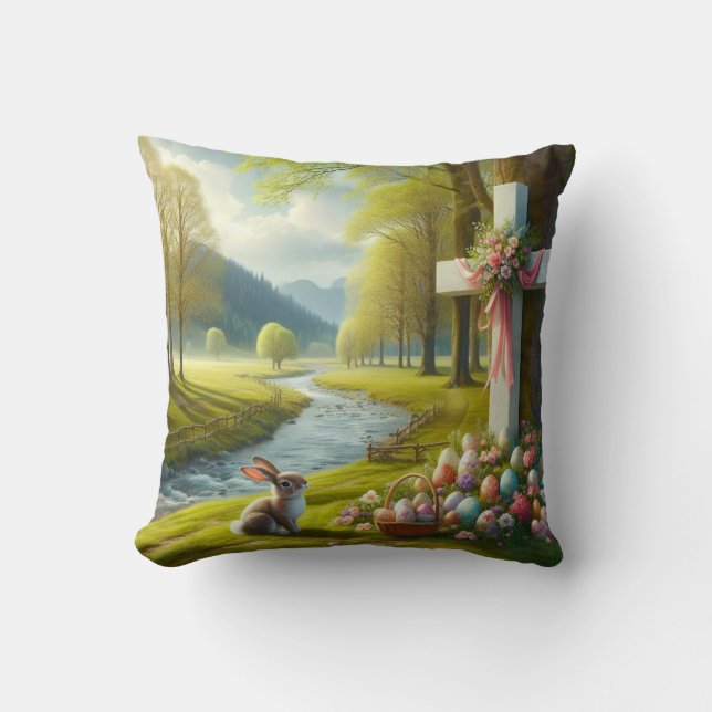Coussin Croix de Pâques avec lapin et oeufs (Recto)