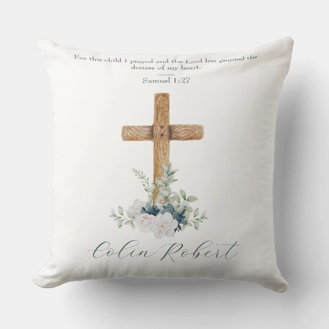 Coussin Croix en bois Fleurs blanches et bleues Verset bib (Recto)