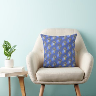 Coussin Croix religieuse chrétienne d'or bleu Iris Pâques