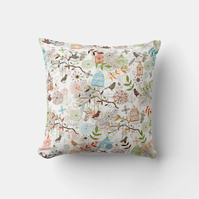 Coussin Croquis à main mignonne d'oiseaux et de cages d'oi (Recto)