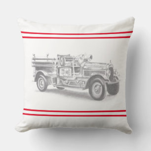 Coussin croquis au crayon de camion de pompiers vintage de