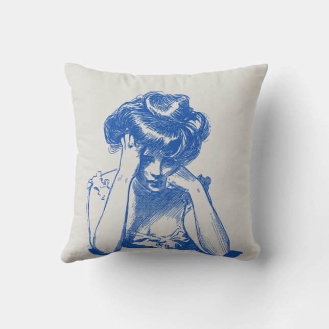 Coussin Croquis bleu vintage d'une femme réfléchie (Verso)