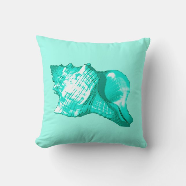 Coussin Croquis de coquille de conque - turquoise, blanc (Recto)