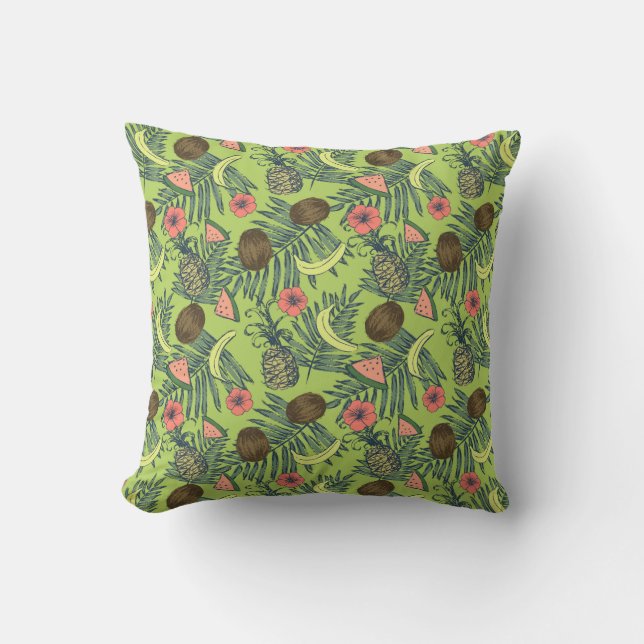 Coussin Croquis de fruit tropical sur le motif vert (Recto)