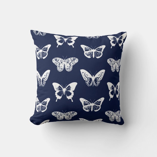 Coussin Croquis de papillon, bleu marine et blanc (Recto)