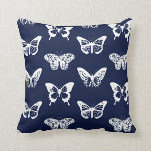 Coussin Croquis de papillon, bleu marine et blanc