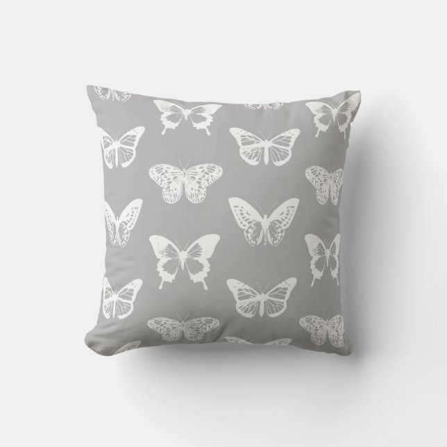 Coussin Croquis de papillon, gris argenté et blanc (Recto)
