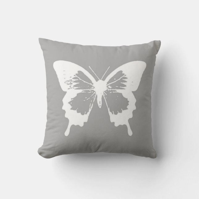 Coussin Croquis de papillon, gris argenté et blanc (Recto)