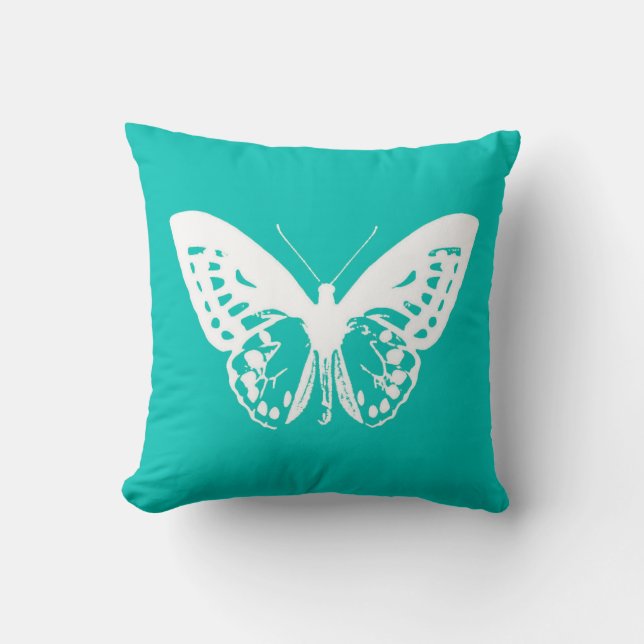 Coussin Croquis de papillon, turquoise et blanc (Recto)