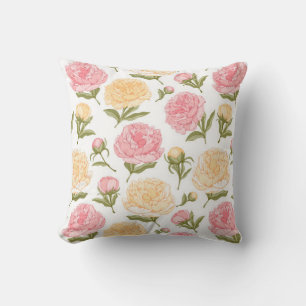 Coussin Croquis de pivoines roses et jaunes