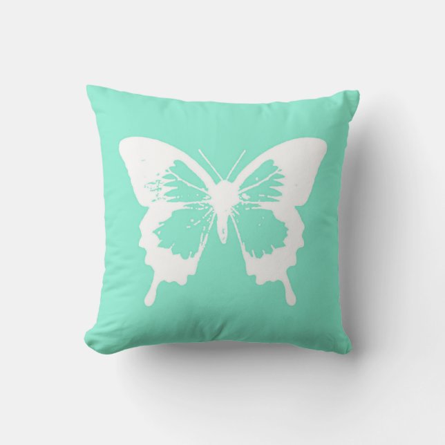 Coussin Croquis papillon, aqua et blanc (Recto)