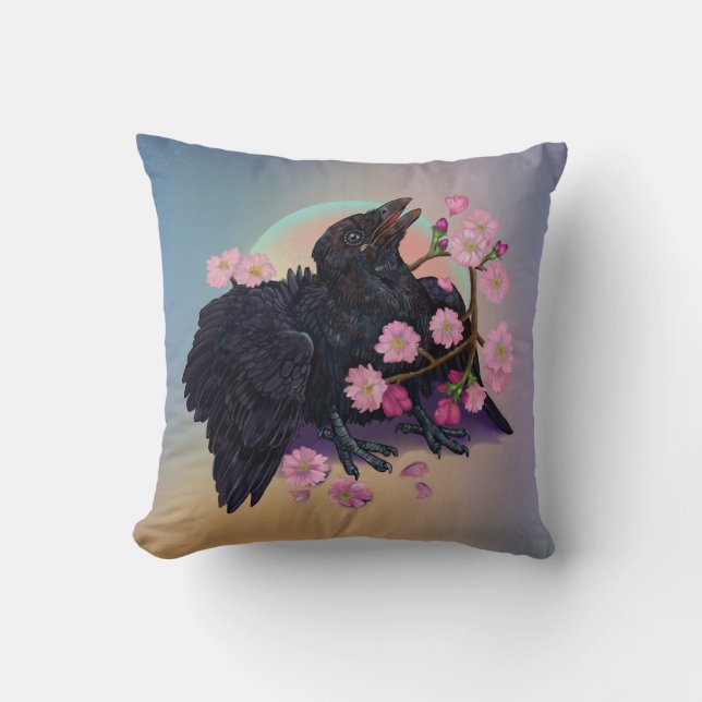 Coussin Crow naissant avec fleurs de pomme (Recto)