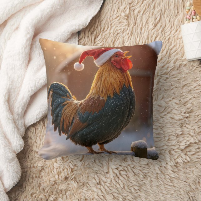 Coussin Crowing Christmas Rooster Wearing a Santa Hat (Couverture)