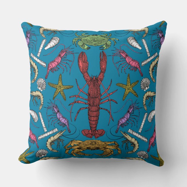 Coussin crustacés de cornwall damas pop bleu (Recto)