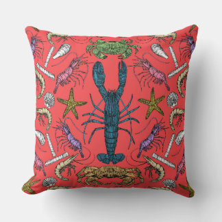 Coussin crustacés de cornwall damask pop rouge