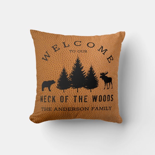 Coussin Cuir Faux Rustique Bienvenue Cabane Bois (Recto)
