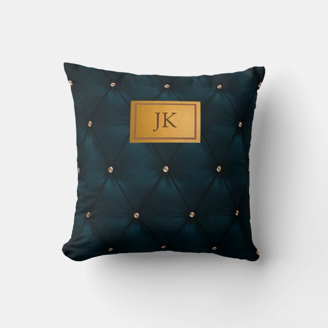 Coussin Cuir vert élégant, Diamants, Monogramme   (Recto)