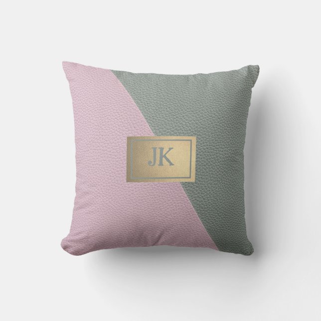 Coussin Cuir Vert Rose Élégant Monogramme   (Recto)
