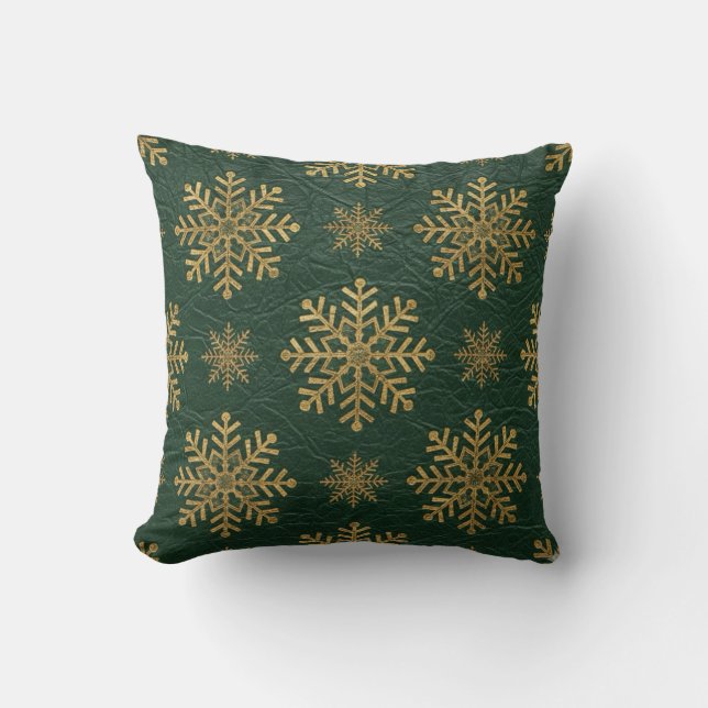 Coussin Cuir Vert Travailé avec des Flocons de Neige Dorés (Recto)