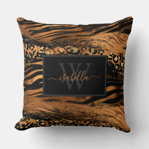 Coussin Cuivre à motif script or noir monogrammé