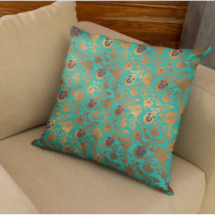 Coussin Cuivre Métallique Turquoise Patina Floral Bleu