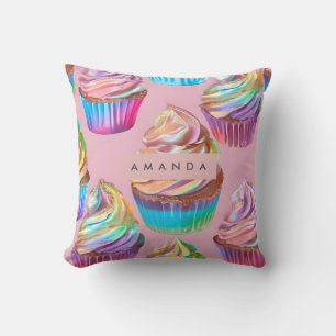 Coussin Cupcake pastel arc-en-ciel personnalisé avec paill