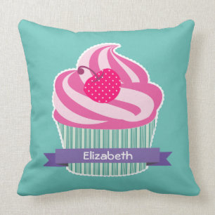 Coussin Cupcake rose personnalisé avec cerise Pointe Polka