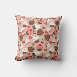 Coussin Cupcakes, Coeurs Et Cerises Brown Et Roses