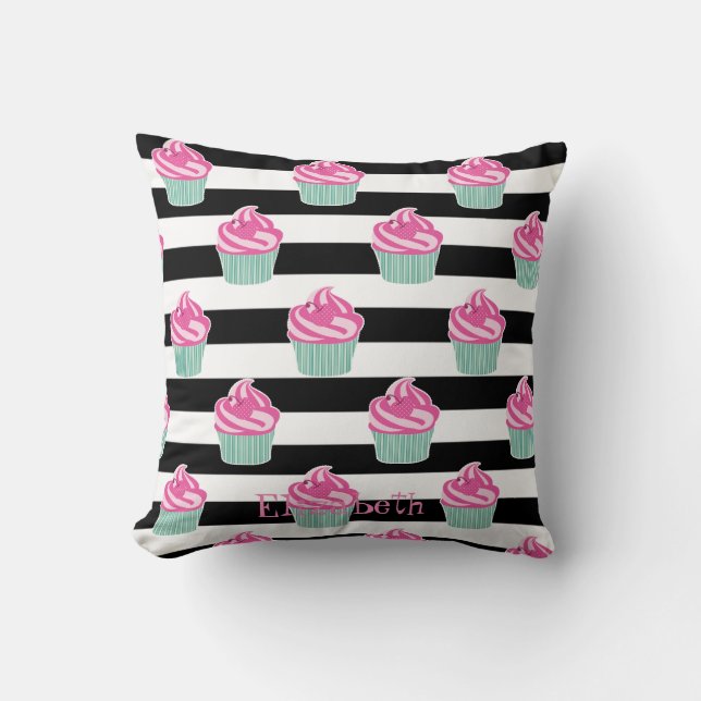 Coussin Cupcakes, Noir, Grandes Blances Personnalisées (Recto)