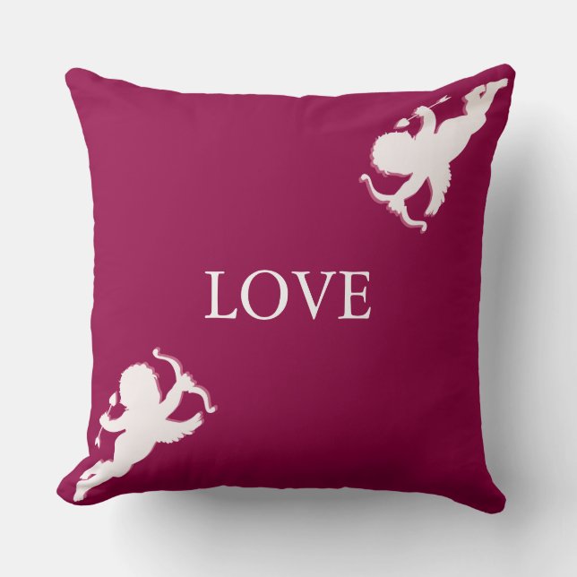 Coussin Cupidons élégants en blanc sur bordeaux (Recto)