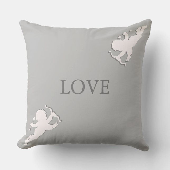 Coussin Cupidons élégants en blanc sur gris argenté (Recto)
