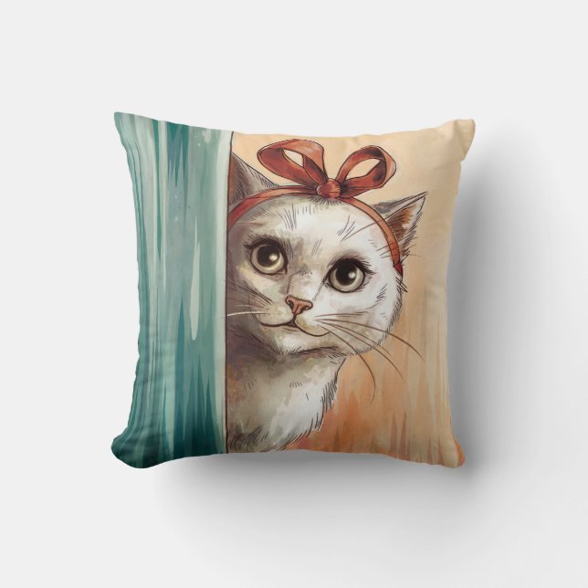 Coussin Curieux Chat avec Bow (Recto)