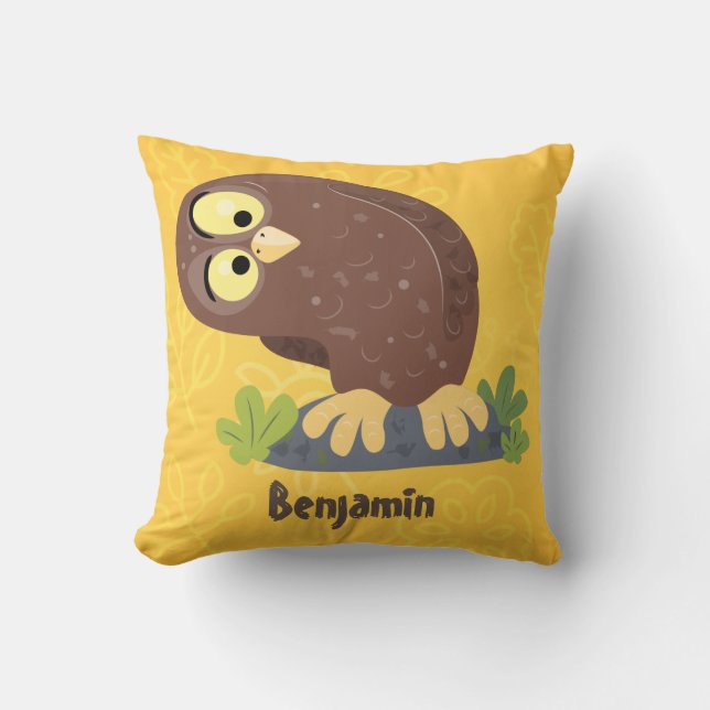 Coussin Curieux et drôle dessin animé de chouette brune (Recto)