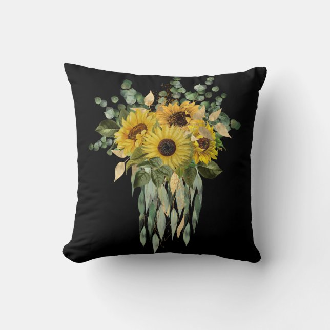 COUSSIN CUSHION EUCALYPTUS JAUNE EN FLEUVE NOIR (Recto)