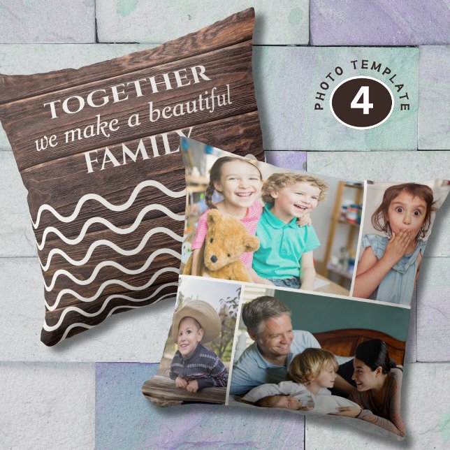 Coussin Custom 4 Photo Collage Family Quote Rustic Wood   (Créateur téléchargé)