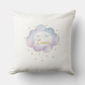 Coussin Custom Baby Name Lavender Watercolor Cloud Gold Ey