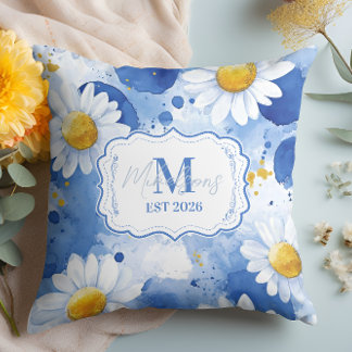Coussin Custom Blue Watercolor Daisy Monogram Decor