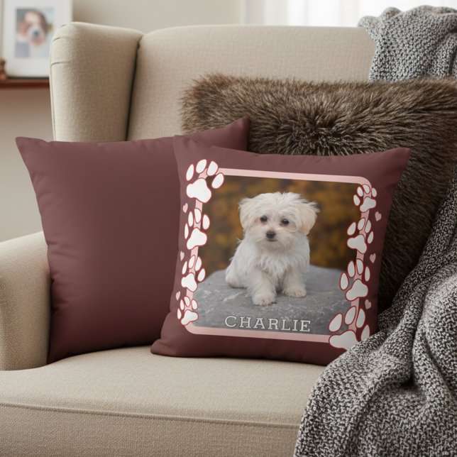 Coussin Custom Framed Pet Photo and Name Throw Pillow (Snuggle up with your pet’s photo pillow. Personalized and adorable! 🐾💖)