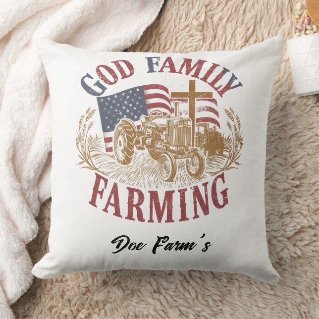 Coussin Custom “God Family Farming” Farmhouse Pillow (Couverture)
