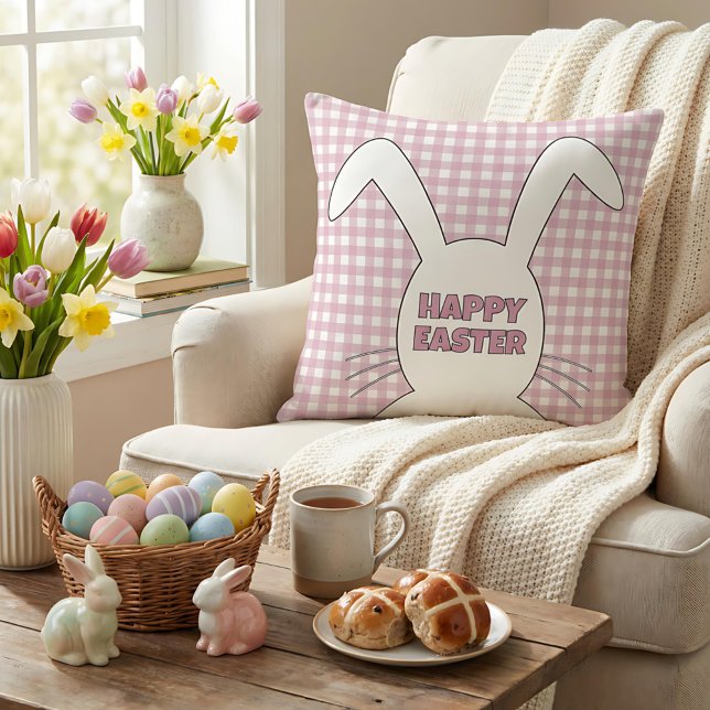 Coussin Custom Happy Easter Bunny Pink Gingham Plaid (Créateur téléchargé)