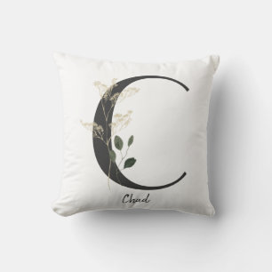 Coussin Custom Initial C Noir et blanc avec fleur sauvage