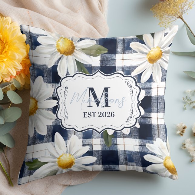 Coussin Custom Navy Gingham Daisy Monogram (Créateur téléchargé)